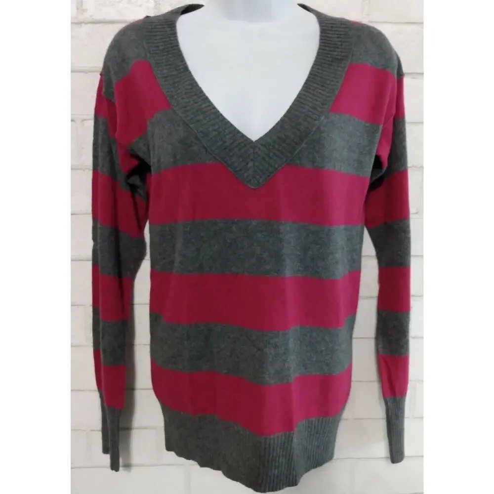 Mossimo Women's Sweater Size M Pink Gray Striped Deep Vee Pullover New w/Tags - Picture 1 of 5